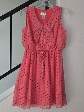 Sweet Storm Coral Pink Polka Dot Dress with Bow Collar